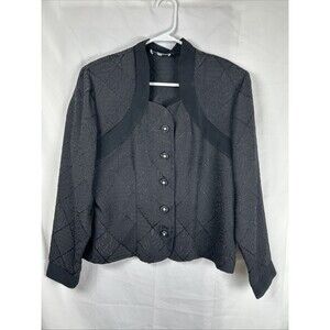 Vtg Petite Focus Black Textured Button Up Blouse Jacket 14P Diamond Pattern